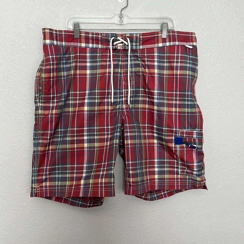 Lands’ End Red Plaid Swim Shorts Size XL